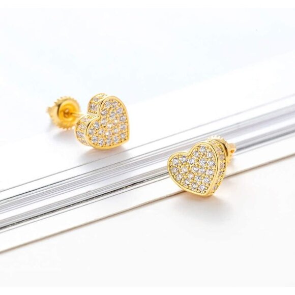 18k Gold Plated Heart Stud Earring For Women Earring Screw Back Iced Out Cubic Z - Picture 2 of 5